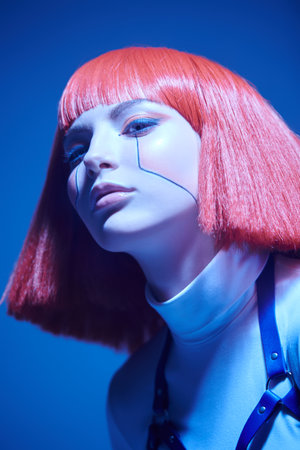 Makeup and hairstyle. Cyberpunk concept. Portrait of a beautiful cyberpunk girl with bright red makeup and red hair posing in white bodysuit against a blue studio background. Virtual games.の写真素材