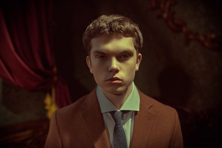 A respectable young man in a stylish expensive suit is standing in a rich apartment with a classic interior. Men's fashion, luxury style.の写真素材