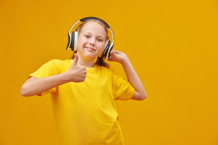 An excited blonde girl in a yellow t-shirt smiles happily and holds the headphones on her head and a thumb up. Studio shot on a yellow background with copy space.の写真素材