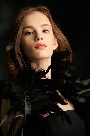 Portrait of a beautiful dancer girl posing in black dress with feathers against black background. Black Swan. Art of dance.の写真素材