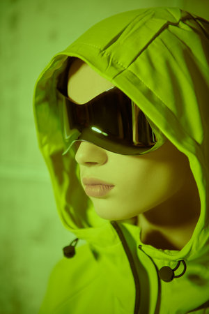 Portrait of a modern hip-hop dancer. Stylish girl in green hoodie and sunglasses poses at studio on...