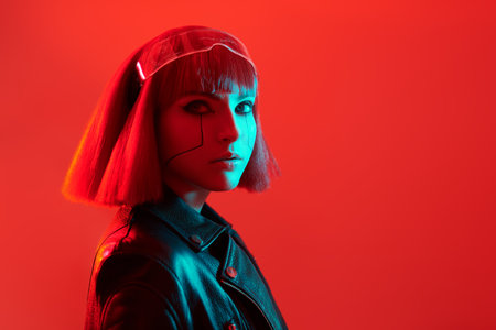 An attractive cyberpunk girl poses against a red background in red light. Sci-fi cyborg girl. Game, virtual reality.の写真素材