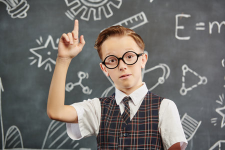 Portrait of a smart boy in a school uniform and glasses looking at the camera seriously with an idea. The background with a black chalkboard with scientific drawings. Education. Young scientists.の写真素材