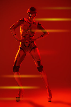 Perfect cyberpunk girl in futuristic mirrored glasses and overalls stands in red lighting and fire reflections. Cyber world of the future. Virtual games.の写真素材