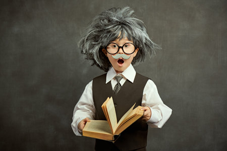 Cute little kid in glasses, with a mustache and in a wig, like little professor with a book is surprised. Background of a blackboard with copy space. Education and early development. Little Scientists.の写真素材