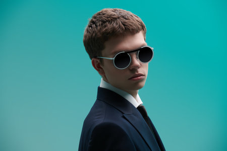 Handsome well-groomed young man posing in a classic white shirt, elegant suit and stylish round sunglasses on a blue studio background. Men's fashion, classic style and beauty. Glasses style.の写真素材