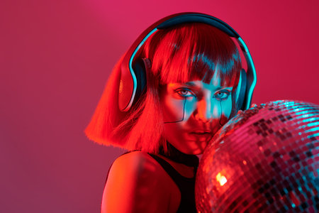 Night party. Disco cyberpunk girl. Attractive girl with bright red make-up and stylish red hair...