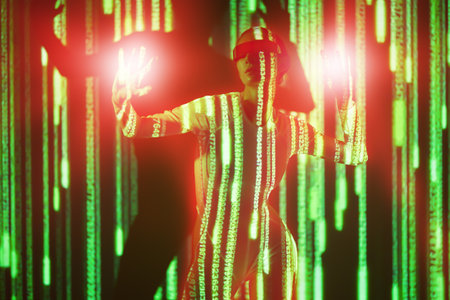 Virtual reality games. Perfect cyber girl in futuristic glasses and overalls controls digital hologram while standing in neon green light. Cyberspace. Digital technologies of the future.の写真素材