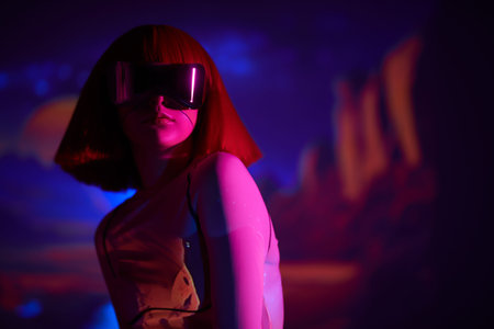 A futuristic girl with bright red makeup and stylish red hair poses in a white tech clothes over VR...