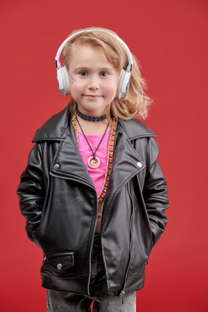 Portrait of a little cute girl with glitter makeup, in black leather jacket and headphones like a pop and rock musician on a red studio background. Children's fashion. Little DJ girl.の写真素材