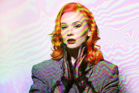 Portrait of a charming  red-haired woman in a jacket and chiffon gloves on a white studio...
