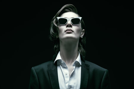 Men's fashion and style. Portrait of a well-groomed young man with stylish hair styling, posing in an elegant black classic suit,  white shirt and elegant sunglasses. Black background with copy space.の写真素材
