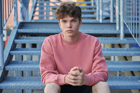 Youth fashion. A modern young man fashion model poses in a pink sweatshirt and black shorts on a metal staircase. Urban style.の写真素材
