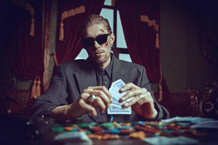 A tough gangster man in an elegant black suit and sunglasses sits in a luxury apartment and plays cards. Retro style. The criminal world of the mafia. Detective movie.の写真素材
