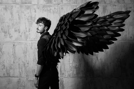 A black-and-white portrait of a handsome male Black Angel standing against a grunge wall.