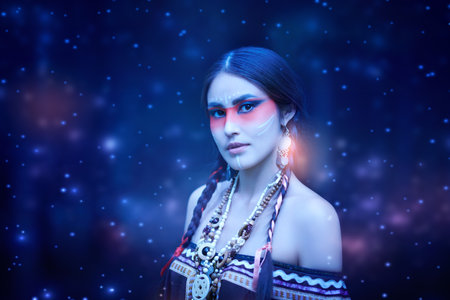 Portrait of a beautiful American Indian girl in traditional dress and jewelry, who stands at night in the forest surrounded by fireflies.の写真素材