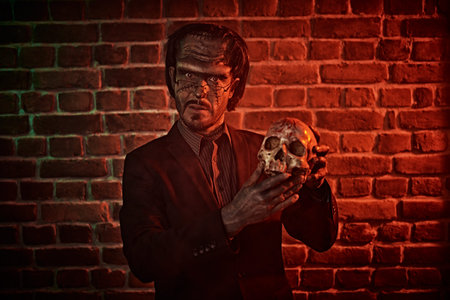 Science fiction novel, horror. A scary man with scars on his face - an obsessed scientist stands in...