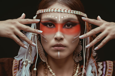 Close-up portrait of a beautiful American Indian girl with traditional makeup and accessories on a black background.の写真素材
