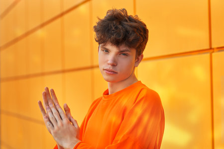 Summer time. Youth bright fashion style. Portrait of a handsome young man in an orange sweatshirt against the background of a yellow building wall.の写真素材