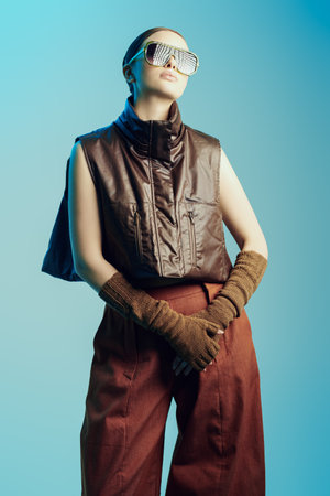 Portrait of a fashion model girl in stylish designer clothes from the spring-summer collection on a blue studio background. High fashion shot. Trendy sunglasses.の写真素材