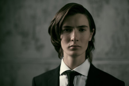 Portrait of a handsome fashion model teenager boy with stylish hairdo posing in black elegant classic suit, white shirt and a tie. Grey studio background. Style and Fashion.の写真素材