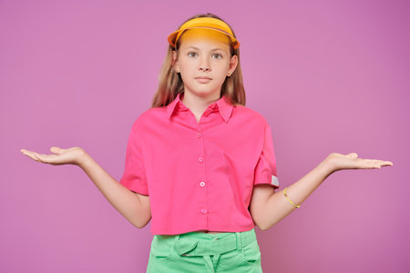 Children's fashion. A modern girl in bright summer clothes expresses doubt. Children, emotions. Studio portrait on a purple background.の写真素材