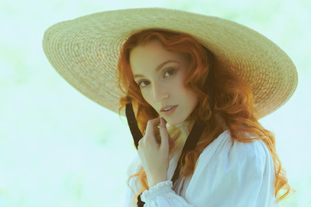 A beautiful romantic girl with charming wavy red hair, dressed in white shirt and a wide-brimmed...