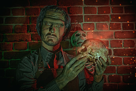 Science fiction novel, horror. A scary man with scars on his face - an obsessed scientist stands in his laboratory with a human skull in his hands. Frankenstein monster. Halloween.の写真素材