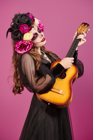 Carnival on the Day of the Dead. A beautiful and cheerful girl in a dress and make-up of Catrina...