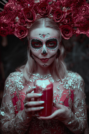 Gorgeous Calavera Catrina in a festive rich dress and headdress stands in the castle with a candle in her hand. Sugar skull girl. Day of The Dead. Halloween. Dia de los Muertos. Santa Muerte.の写真素材