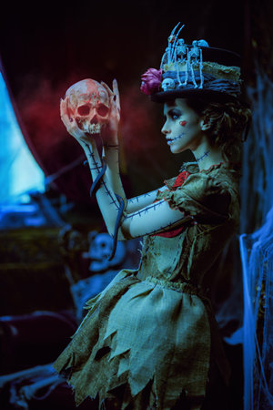 A portrait of a mysterious and frightening girl dressed as a voodoo doll, who stands in a gloomy old...