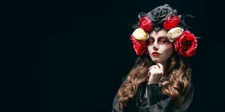 Portrait of a beautiful and scary girl with Calavera ?atrina make-up on a black background with a...