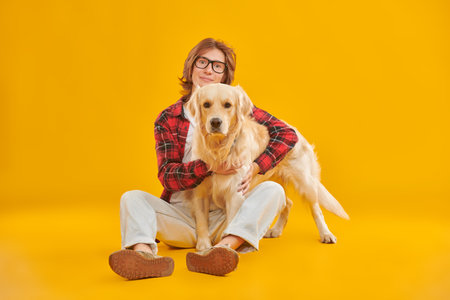 A modern teenager boy in casual clothes hugs his best friend, his dog. Yellow studio background with copy space. People and emotions. Pets.の写真素材