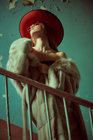 A chic, elegant lady in a wide-brimmed hat and an expensive mink coat stands on the stairs of an old house. Expensive lifestyle and glamour. Fashion.の写真素材