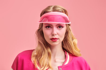 Pink color and femininity style in fashion. A cute blonde girl posing in a fashionable pink bomber jacket and a visor cap on a pink studio background. Youth fashion.の写真素材
