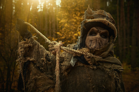 Nightmares of old times. The ghost of a hanged man with a bag on his head and a rope around his neck wanders through the dark autumn forest. Halloween.の写真素材