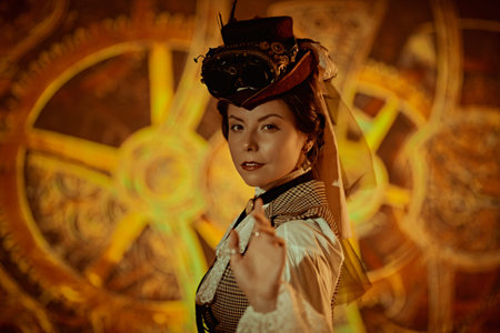 A confident steampunk lady scientist inventor stands on the background of rotating mechanisms....