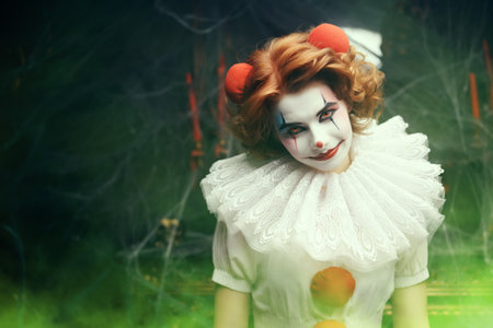 A scary clown girl with red eyes and red hair, dressed in a white circus dress, smiles sweetly while standing in an old house shrouded in cobwebs. Halloween horrors. Copy space.の写真素材