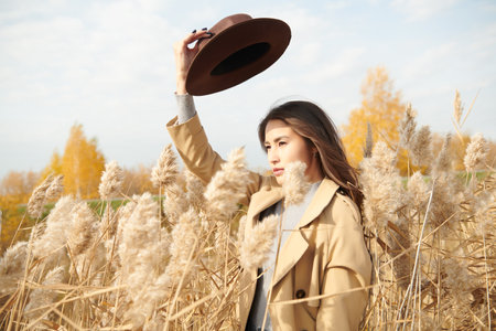 Autumn women fashion. Portrait of a beautiful elegant Asian girl in a fashionable trench coat and hat against the backdrop of an autumn field. Copy space.の写真素材