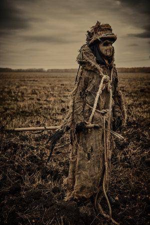 Horror. Scary Halloween heroes. The ghost of a hanged man with a bag on his head and a rope around his neck stands alone in a field on a gloomy cloudy day.の写真素材