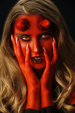 Close-up portrait of a magnificent and terrible devil girl with bloody horns, surrounded by...