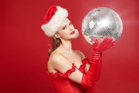 New Year and Christmas party. A cheerful attractive girl in a bright red corset dress holds a shining silver disco ball.の写真素材