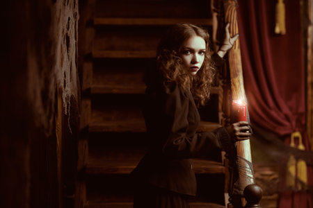 A pale, frightened lady in a black dress climbs a wooden staircase with a candle in her hand in a dark ancient castle. Historical and mystical novel. Victorian style. Halloween.の写真素材