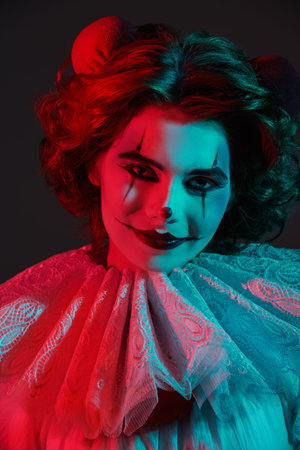Horror, Halloween. Portrait of an evil clown girl in a white circus outfit who smiles sweetly and...