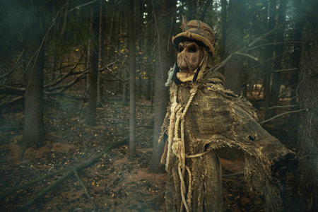 An evil Scarecrow with a canvas bag on his head and in a burlap robe stands in a deep forest. Vintage style. Halloween Tales. Horror, thriller. Copy space.の写真素材