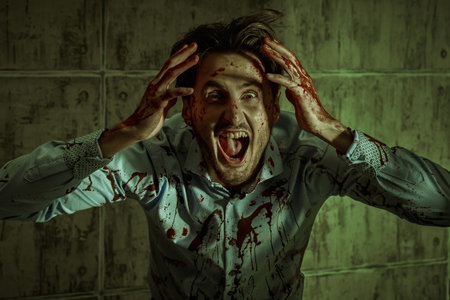Bloody zombie. A brutal man - a homicidal maniac - in a bloody shirt screams furiously, standing towards a dark room with concrete walls. Thriller, horror.の写真素材