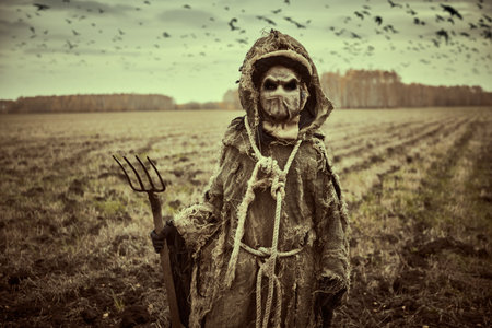 Scary Halloween ghost - a scarecrow with a bag on his head stands alone in a field with a pitchfork...
