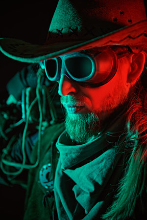 Close-up portrait of a brutal man in a leather coat, cowboy hat and goggles standing on a dark background with red and green light. Post apocalyptic cowboy.の写真素材