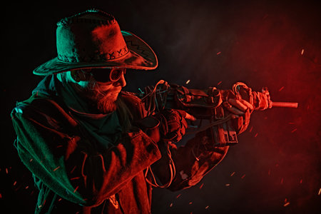 A furious man in a leather coat,  cowboy hat and goggles shoots with a rifle standing on a dark background with red and green light. Post apocalyptic cowboy.の写真素材