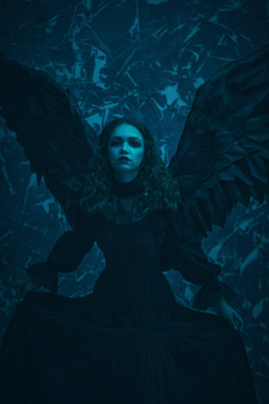 A beautiful black angel girl in a black dress sits alone in a dark room, expressing grief and...